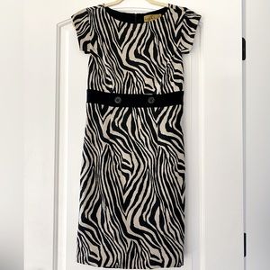 Nicole Miller Studio One Black and Tan Animal Print Pencil Dress with Cap Sleeve